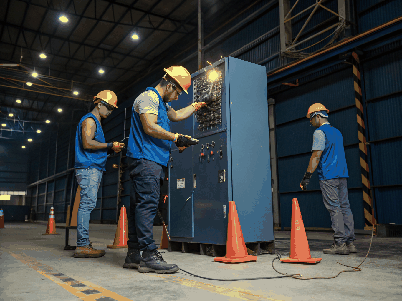 Certified electrical engineers working on high-voltage switchgear inside an industrial generator vault