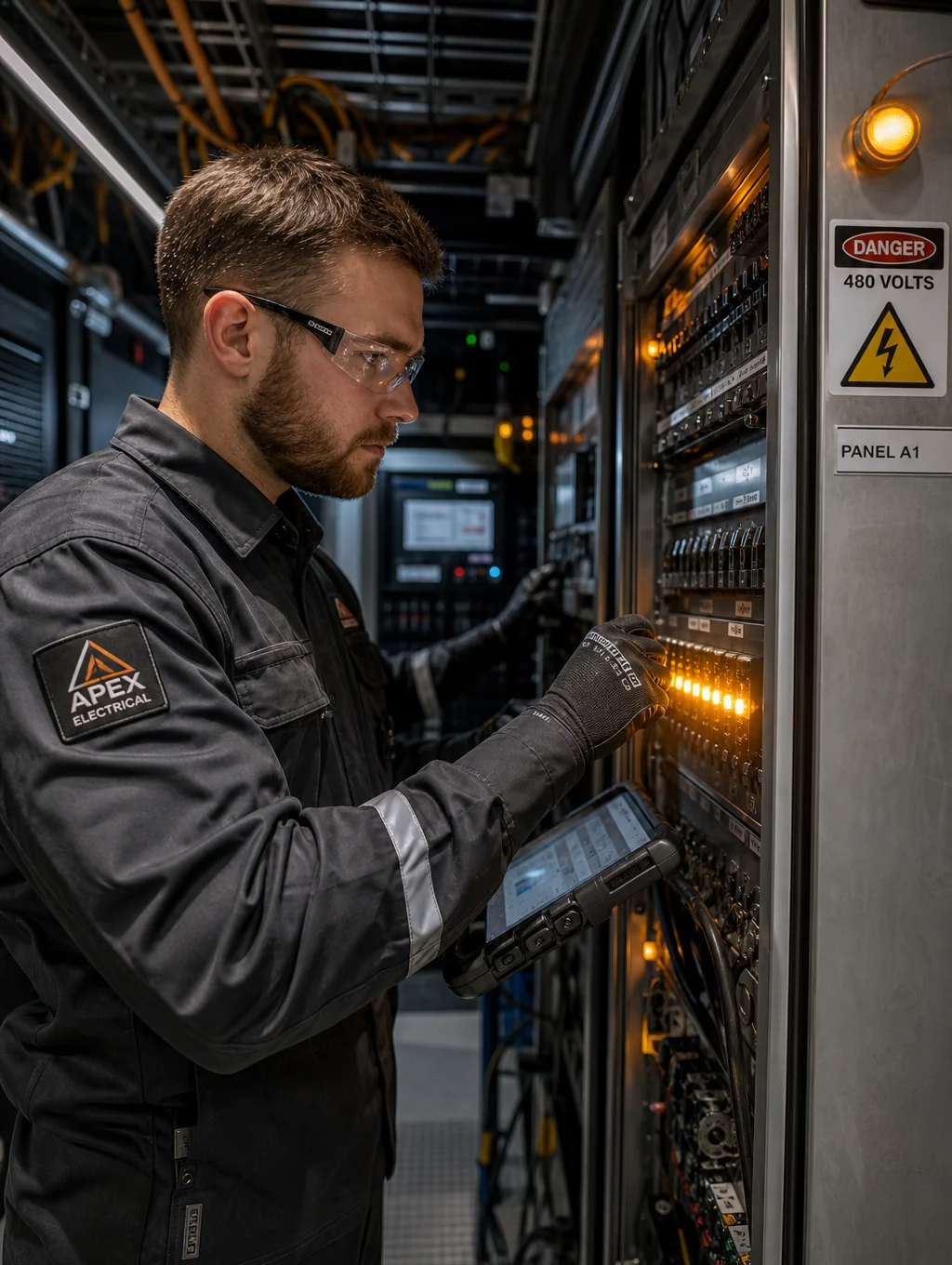 Certified electrical engineer testing high-voltage generator unit